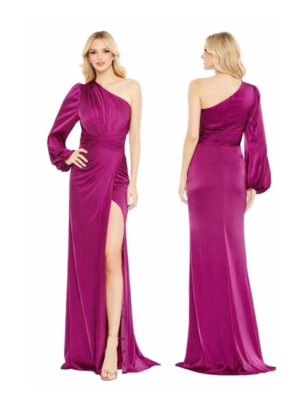 Mac Duggal 11688 Fuschia Satin Ruched Bishop Sleeve One Shoulder Gown 10 NWT